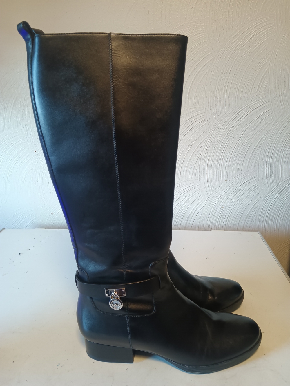 Michael Kors Black Leather Knee-High Boots with Silver Charm
